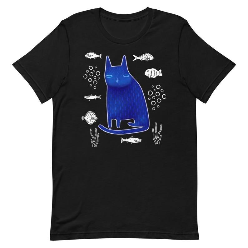 Blue Cat and Fish T-Shirt Unisex T-Shirt S