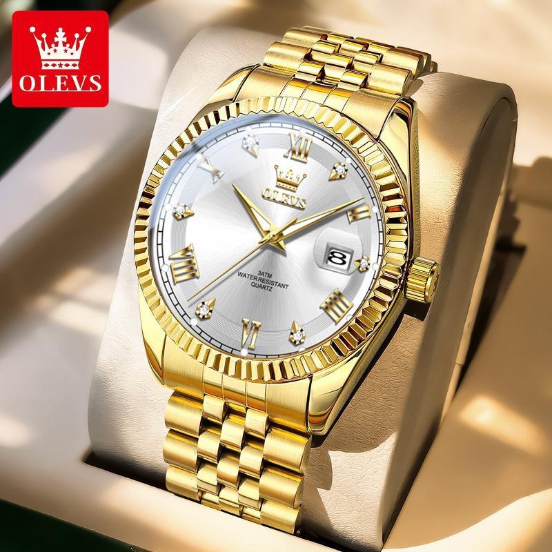 OLEVS Men's Watches Silver Stainless Steel Waterproof Quartz Watch for Man Luminous Date Business Original Male Wristwatch