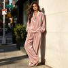 Autumn Winter Home Wear Women Velvet Top Pants Set for Fall Winter, Casual Lapel Collar Lounging Apparel & Wide Leg Trousers with Pockets, Loose