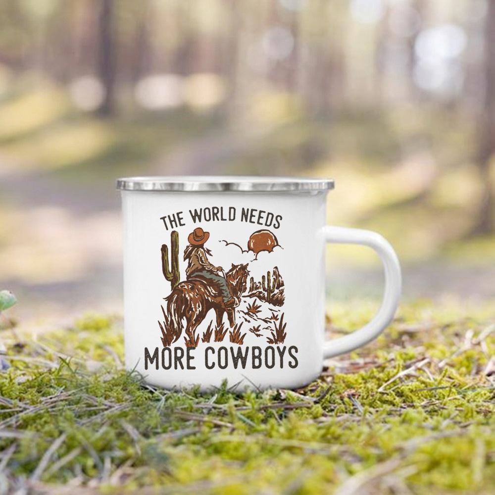 West Cowboy Printed Camper Mugs Camping Enamel Mug Adventure Campfire Party Beer Juice Cup Gifts for Camper Best Gift for He Her