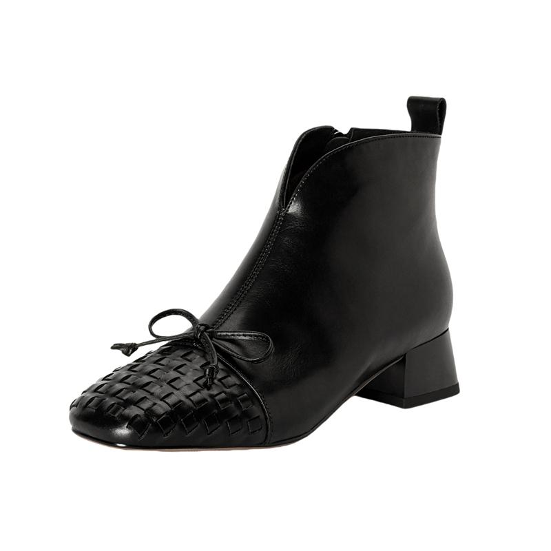 Fashion Women's New Round Toe Autumn/winter Runway Runway Runway Bow Print Cowhide Mid Heel Plus Calf Zipper Retro Short Boots
