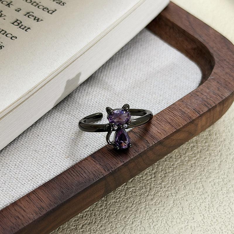 Dark Gothic Y2K Cat Full Diamond Zir*****Pen Ring Sweet Cool Niche Premium Sense Stacked Ring