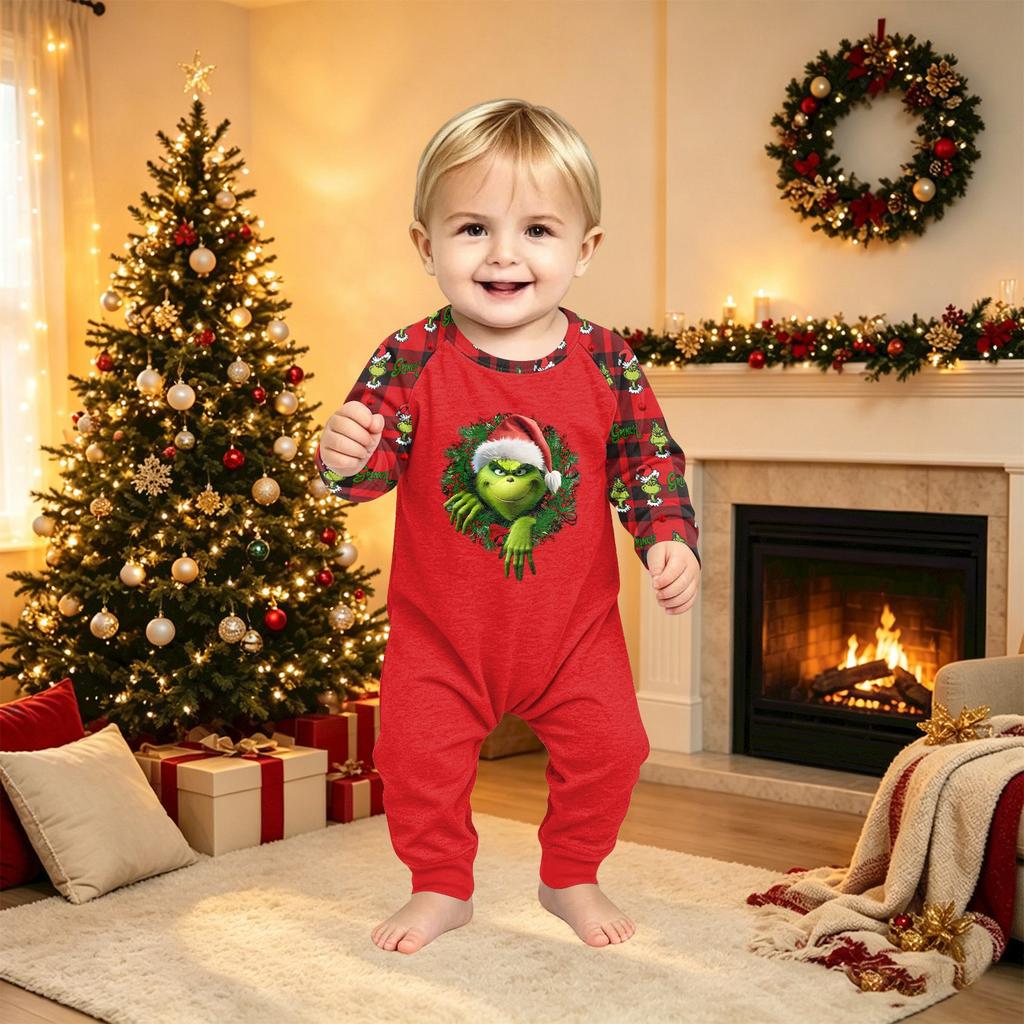 Family Matching Christmas Print Pajama Set, Long Sleeve Neck Top and Pants for Parents and Kids