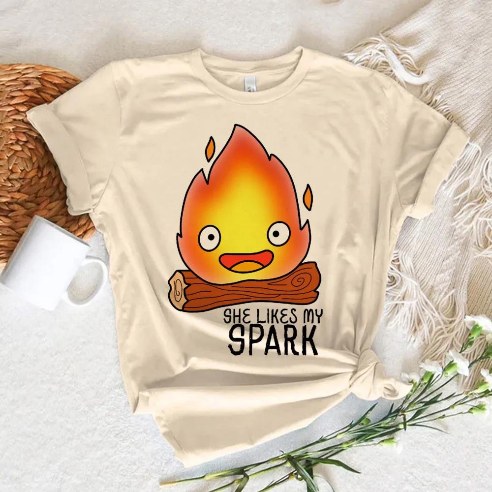 Calcifer Top Women Designer Summer Harajuku T Shirt Girl Japanese Manga Clothes Causal Female Y2K Tops Tee