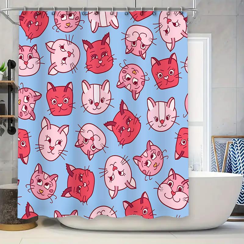 

Adorable Cat Print Shower Curtain For Bathroom Decor Pink Red Feline Design Pattern Fabric Waterproof Shower Curtains Home Impro W60H190(CM)-1 Pcs