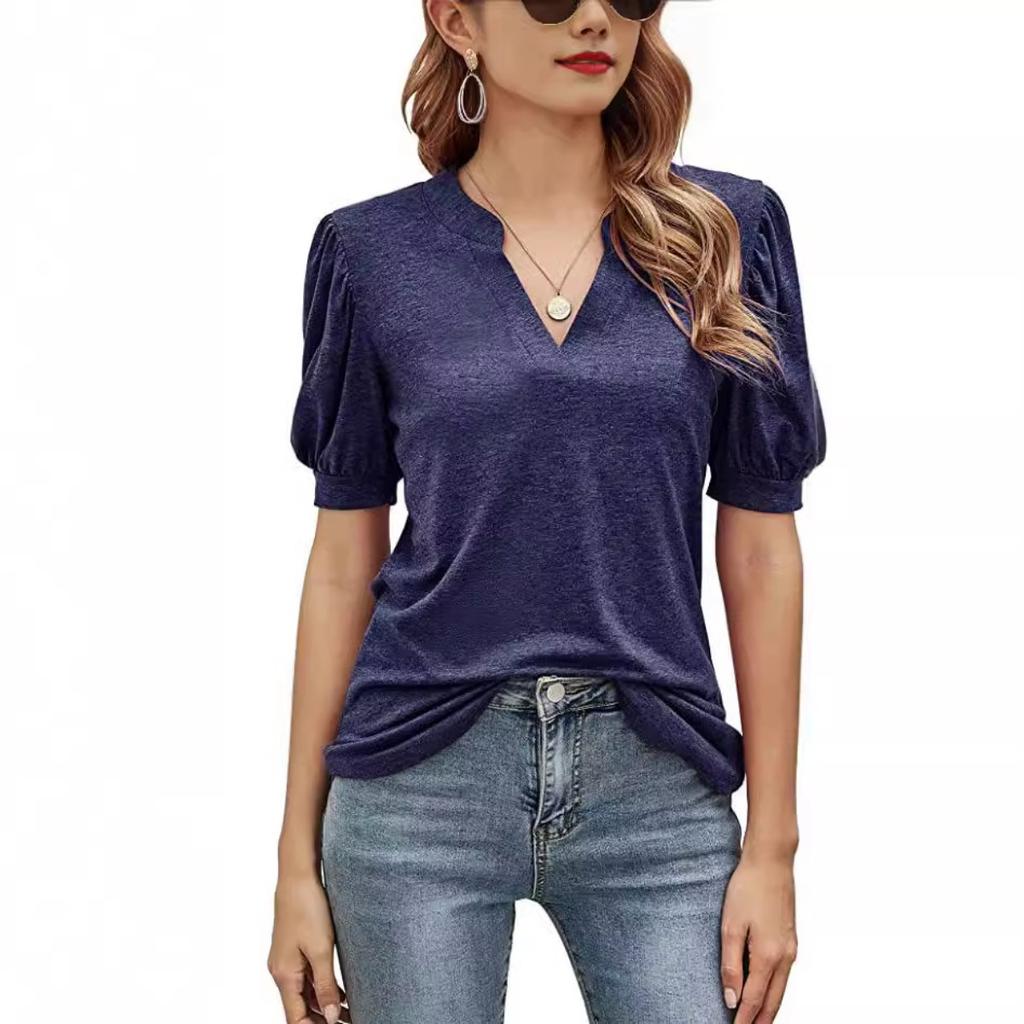 Summer Women's Casual V-Neck Solid Color Puff Sleeve Loose T-Shirt Top for Women European & American Crossborder Apparel