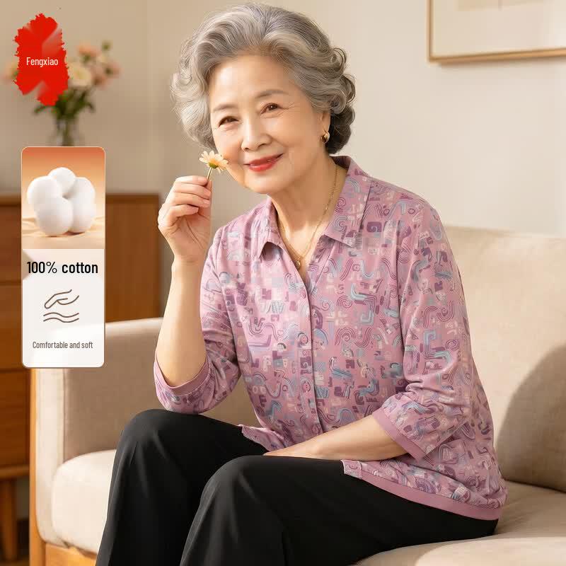 Elderly Women s Summer Pure Cotton 3/4 Sleeve Loose Shirt XL