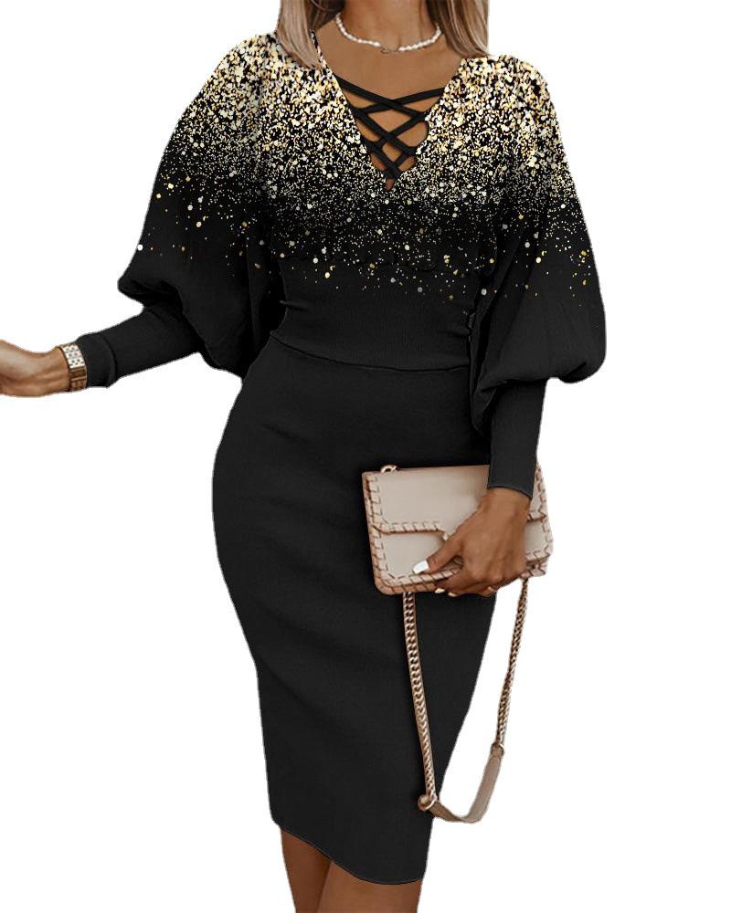 Women's Midi Dress O Neck Lantern Long Sleeve Dress Casual Wrap Hip Knee-Length Dress