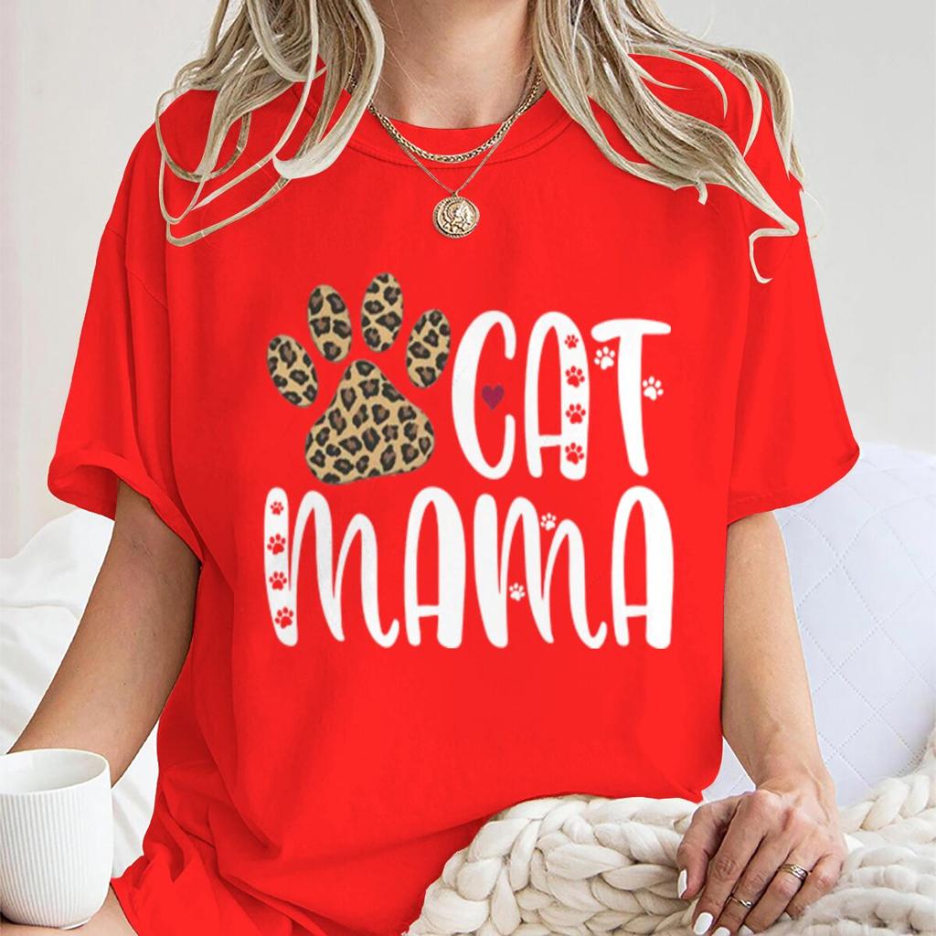 Cat Mama Vintage Cat Paw Printed T Shirts Women Casual Short Sleeve Tshirts Round Neck Tees For Animal Lover Gifts Female Tops