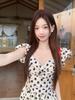 French Chic Polka Dot Summer Dress: Elegant Pleated Long Skirt with Slim Waist