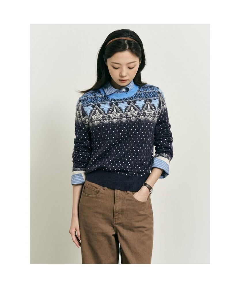 Binpolleidiseu [B. My] Fair Isle Round Neck Knit Navy (Bf5X51N02R)