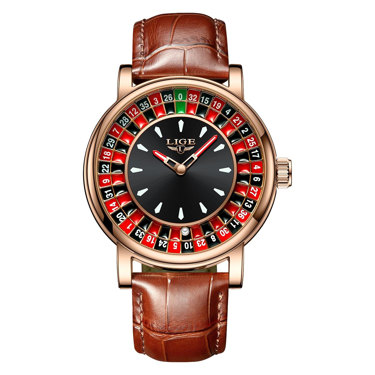 

Fashion Leather Men Lucky Watch Rotating Dial Las Vegas Roulette Desktop Lucky Watch Men Waterproof Luminous Clock Watches