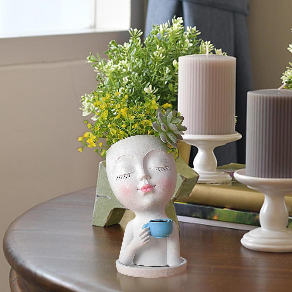 Face Planter Pot Head Coffee Girl Flower Pot Indoor Head Planter With Closed Eyes Resin Material Drainage Hole