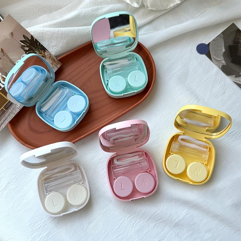 1pcs Mini Square Contact Lens Case with Mirror for Women Colored Lens Box Solid Color Eye Care Container Cute Travel Kits
