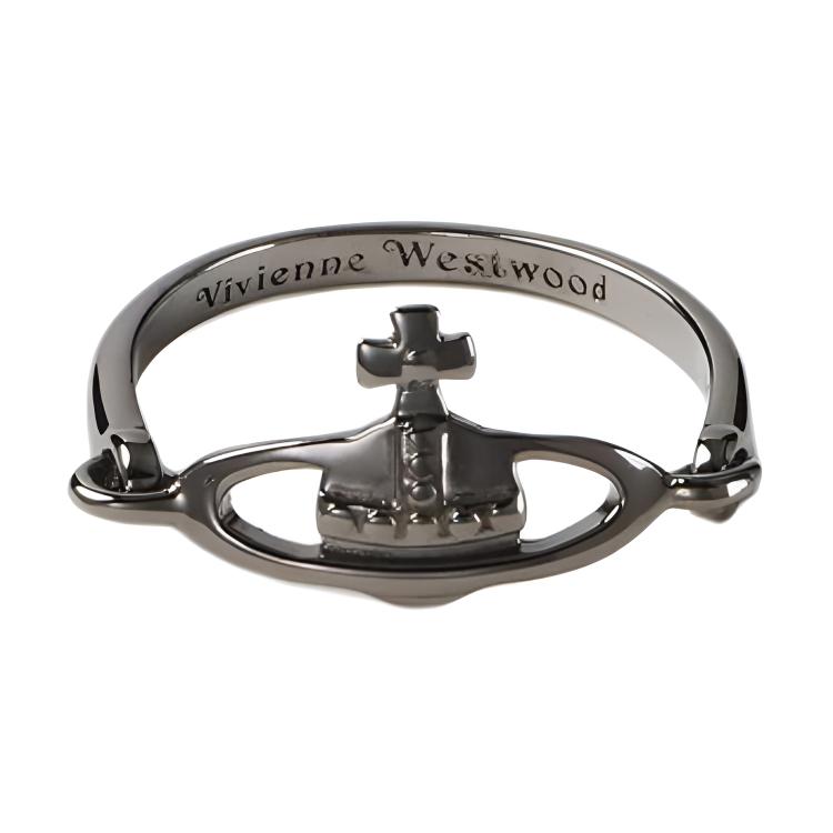 Vivienne Westwood Vendome Saturn Shape Engraved Letter Decoration 925 Silver Ring Women rings Gunmetal-Gray 64040011-S001 Box,11-L