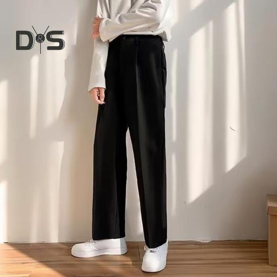 Men Suit Pants Wide Leg Loose Straight Elastic Waistband Formal Business Style Side Pockets Button Zipper Closure Solid Color Office Trousers