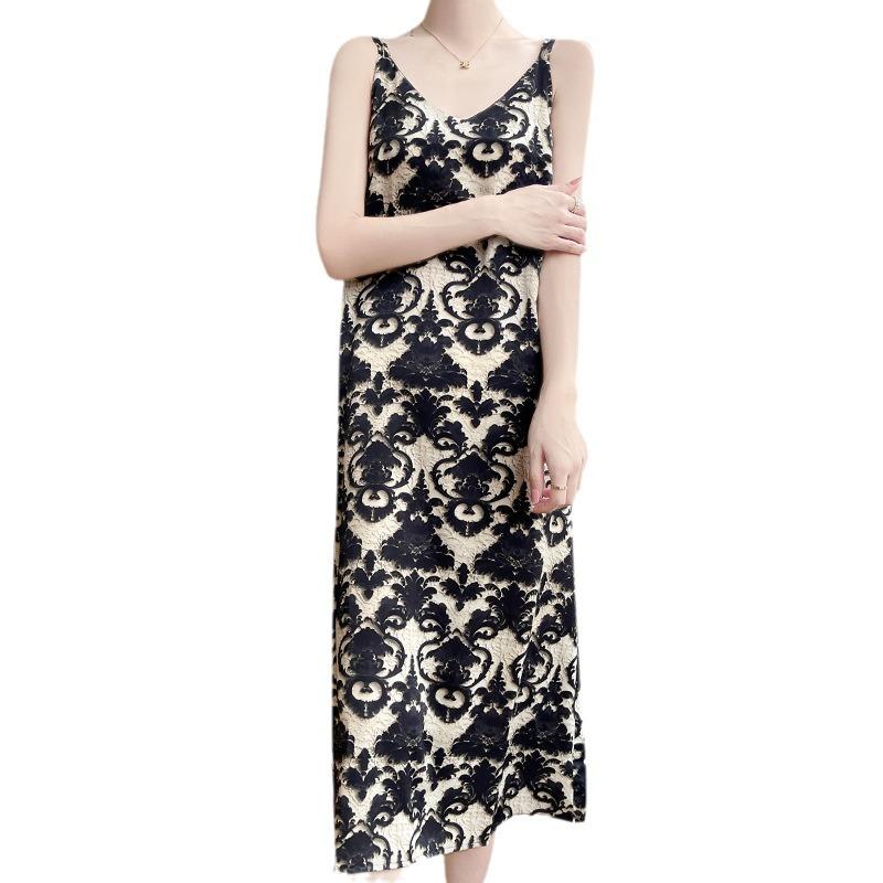 Women's Summer Loose Mid-length Dress Floral Slimming Temperament Long Dress Fashion Print All Strap Dress
