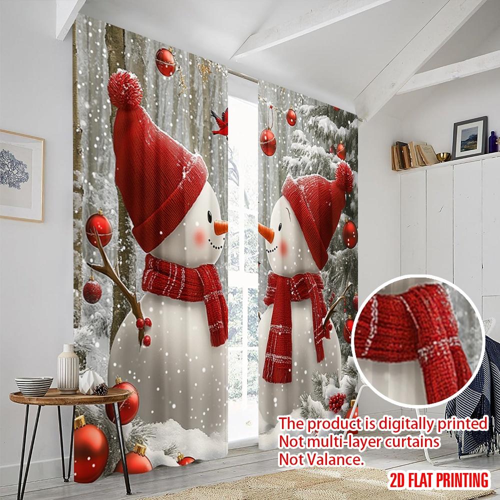 2pcs  2D Plane Printing Curtains Cute Snowmen Winter Christmas Scene (3) Versatile Fabric (without Rod) Decorations Outdoor