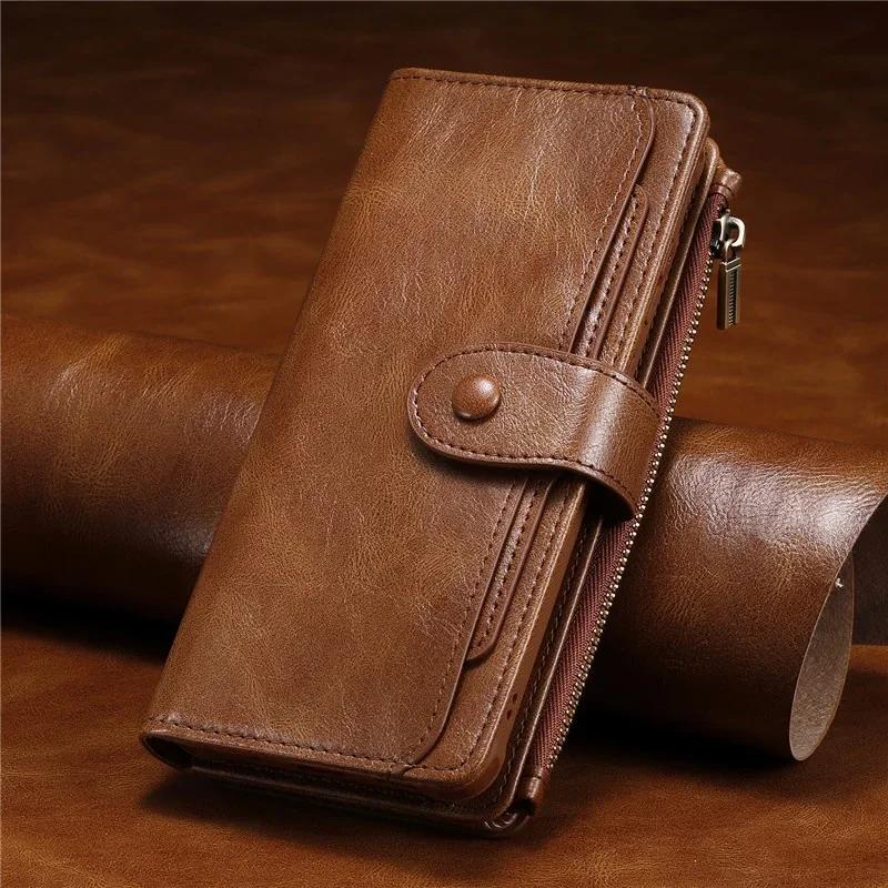 

Multi-functional Magnetic Leather Case for iPhone 16 Pro Max 15 Plus 14 13 12 11 XS XR Detachable Zipper Wallet Stand Flip Cover 7Plus 8Plus коричневый