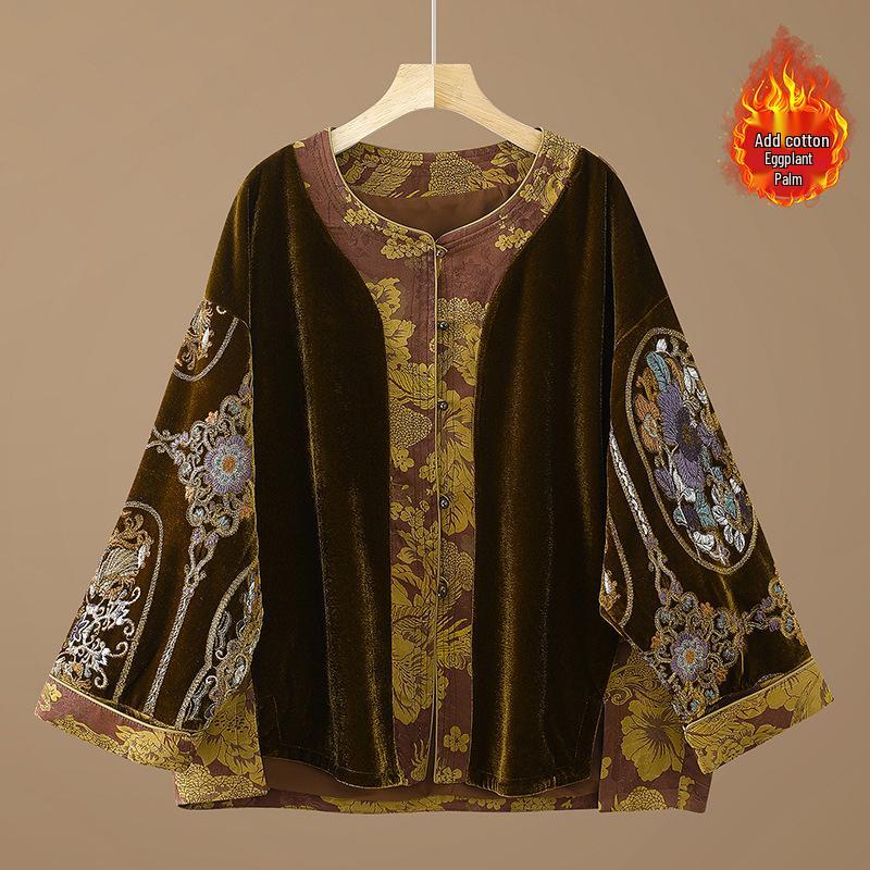 

Женская ретро хлопковая куртка из бархата с вышивкой и воротником-стойкой 2XL (155-170 jin) коричневый