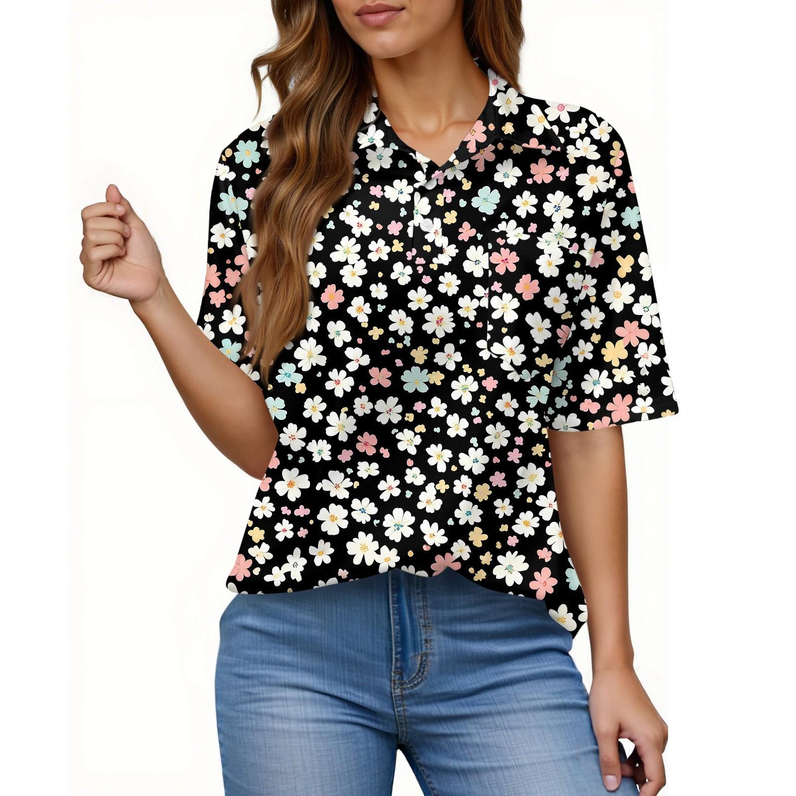 Women s Fashion Casual Button Pocket Shirt Short Sleeve Print Lapel Top S