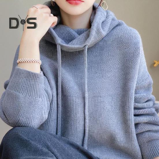 Damegenser Pelskrave Snøring Hette Langermet Strikketopper Ensfarget Casual Løs Passform Strikkeplagg