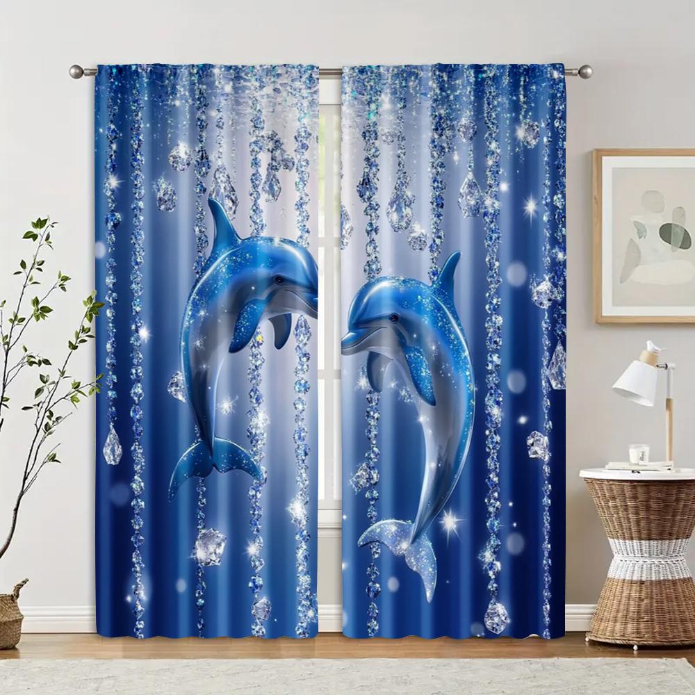 2pcs   Curtains Digital Printed 2D Print Blue Dolphin Print Machine Washable Polyester (without Rod) Art Deco Festive Use for