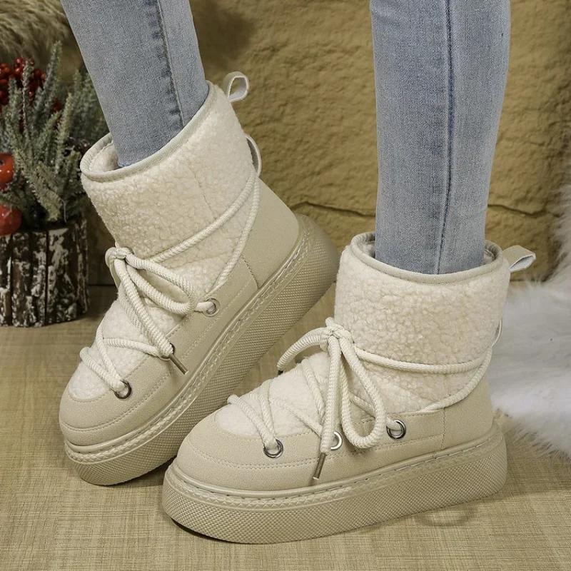 Cold-proof and Warm Winter Ladies Shoes New Lace Up Design Women’s Platform Boots Waterproof Anti-slip Fashion Short Boots