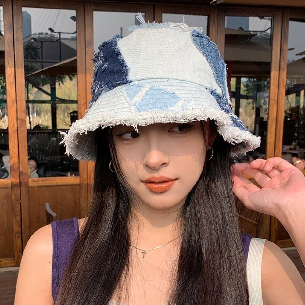 Beggar Style Retro Fisherman Hat Patched Sun Protection Basin Cap Fashion Denim Bucket Hat  Women
