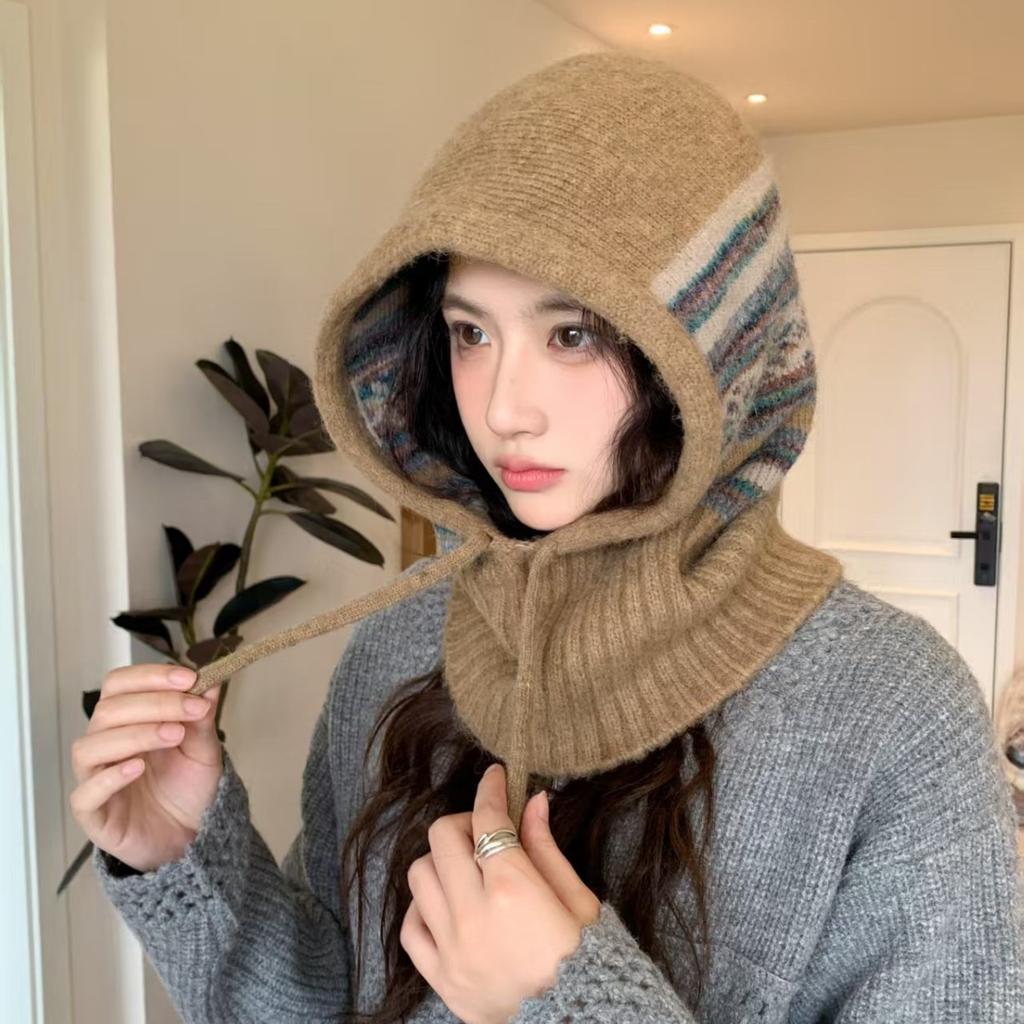 New Fair Island Style Knitted Balaclava Hat Women's Autumn and Winter Hat Scarf Integrated Ear Protection Wool Hat