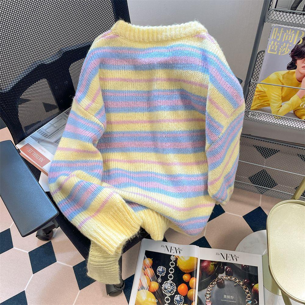

Женский свитер в стиле колор-блок, полосатый, крупной вязки, укороченный, с круглым вырезом, осенний, с длинным рукавом, свободный пуловер XL
