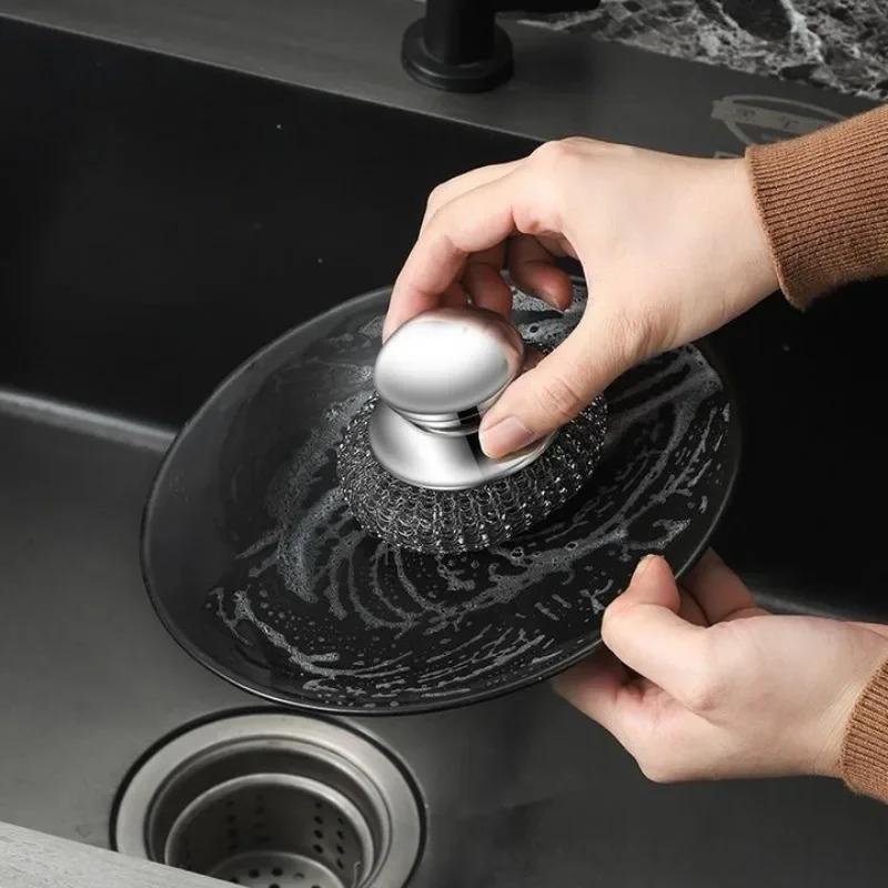 1/6Pcs Stainless Steel Kitchen Pot Brush with Ergonomic Handle Wire Ball Cleaning Tools Home Kitchen Dish Washing Accessories