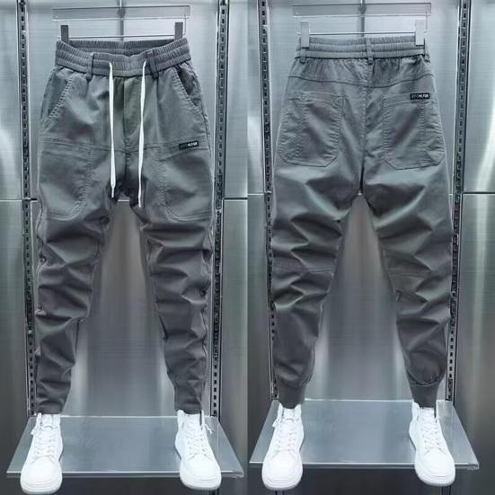 Men Cargo Pants Loose Ankle-banded Drawstring Elastic Waist Solid Color Multi Pockets Fitness Streetwear Outdoor Travel