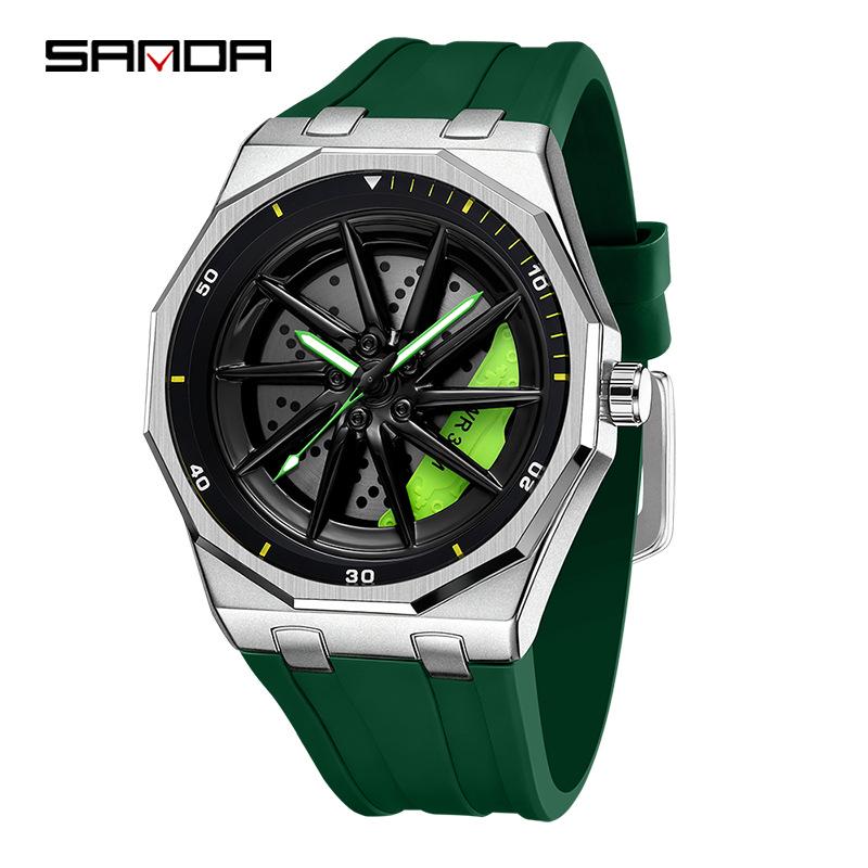SANDA Men's Waterproof Luminous Polygonal Quartz Watch with 3D Rotating Dial and Silicone Band