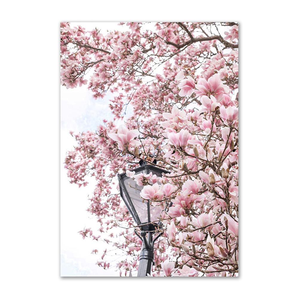 Città moderna Scenario rosa Pittura su tela Wall Art Poster e stampe Fiore di Begonia Retro Car Bike Immagini per la decorazione del soggiorno