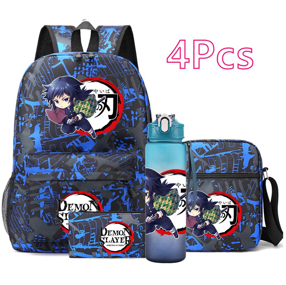 4 Pezzi/set Zaino Stampato Anime Demon Slayer Grande Capacità Borsa per Libri Borsa a Spalla Custodia per Borsa con Borraccia da 750ml Ragazzo Ragazza Zaino Impermeabile