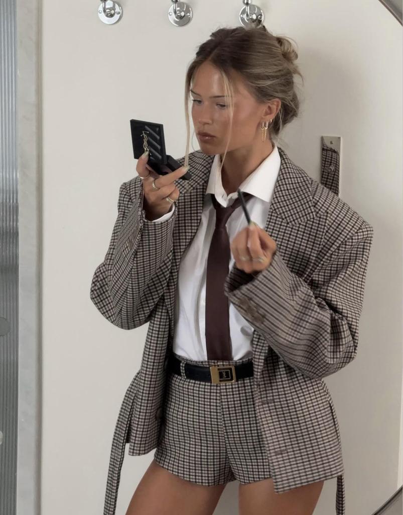 European & American Women's Autumn Casual Plaid Lapel Suit with Shorts