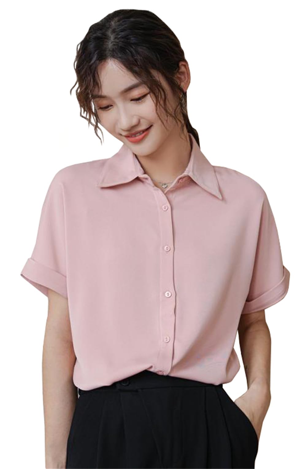 

Рубашка Блузка Топ с коротким рукавом Шифоновая рубашка-платье Нежная и привлекательная, прикрывающая тело, для поездок на работу, OL, деловая одежда [ZXCVWWE] Женская с V-образным вырезом (L, Розовый) розовый