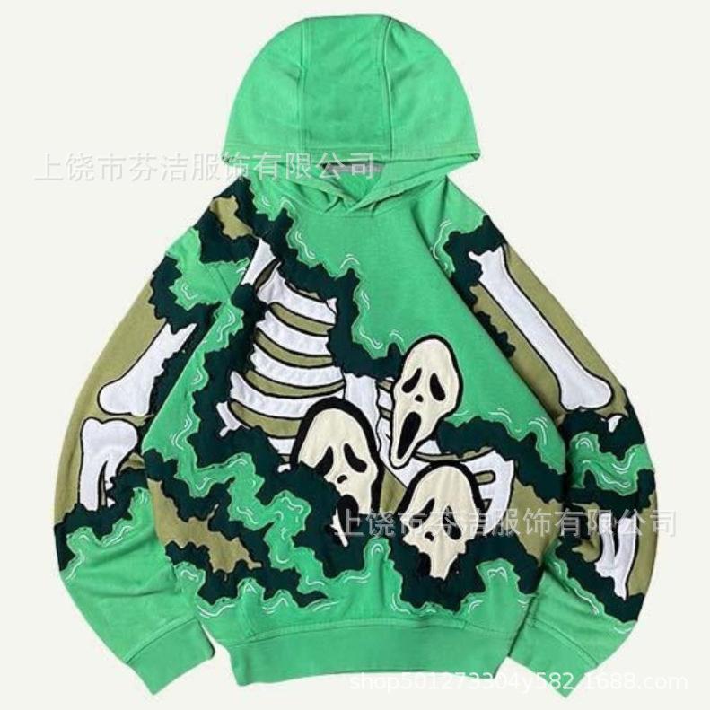 American Flame Skull Frame 3D Printed Hooded Sweatshirt, Vintage High Street Loose Trendy Brand Pullover Sweatshirt