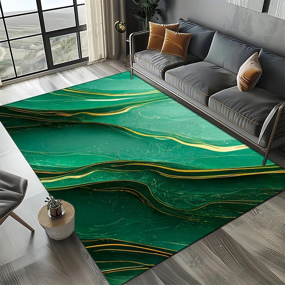 Smaragdgrüner und goldener Teppich – Luxuriöses Marmor-inspiriertes Muster für Wohnzimmer oder Schlafzimmer, rutschfest, elegante Heimdekoration