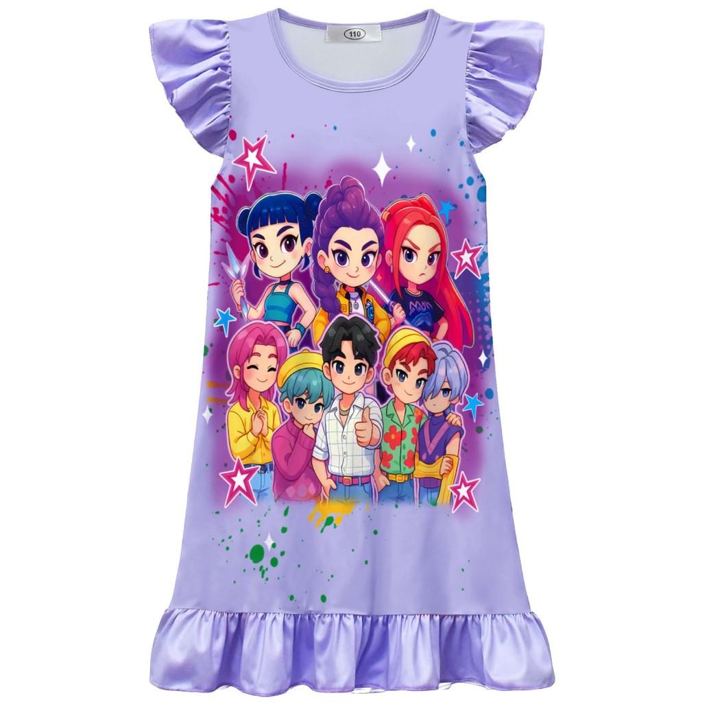 Kpop Demon Hunters Cotton Short Sleeve Sleep Dress For Kids Summer Wear