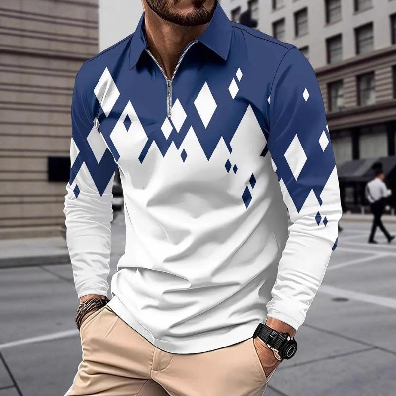 

Men s Spring Summer Long Sleeve Polo Shirt Diamond Argyle Print Quarter Zip Neck S