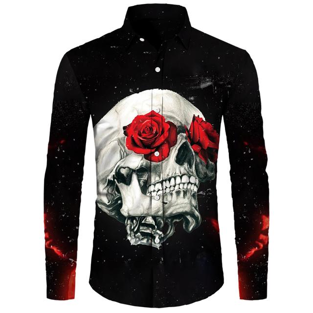 

Готические мужские рубашки с длинными рукавами и 3D принтом черепа, повседневные однобортные винтажные топы с лацканами, индивидуальная хип-поп уличная одежда L