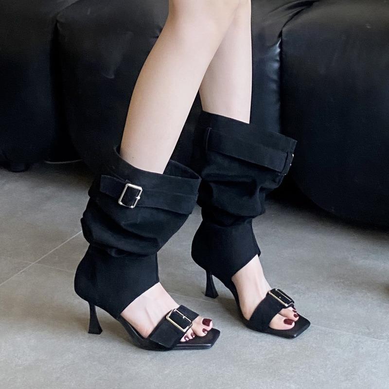 Retro pleated stacking boots new autumn and winter western cowboy boots fine heel high heel suede hollow high tube cool boots