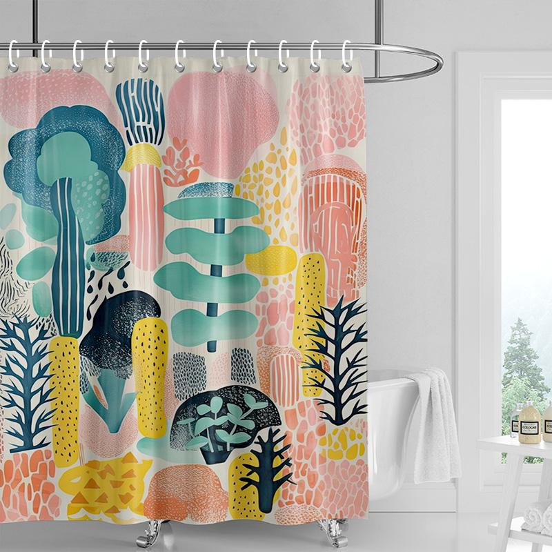 Tropical Shower Curtain - Vibrant Botanical Print with Cactus & Flowers, Waterproof Bath Decor for Spa or Boho Bathrooms