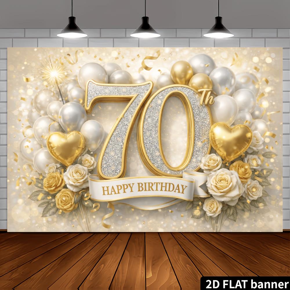 2D plane 70th birthday party banner background. Theme for 70th birthday, with sparkly gold border and the number 70.