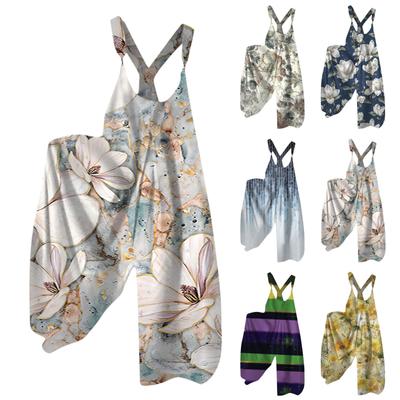 Geniş Bacak Tulum Kadınlar Için Rahat Gevşek Kolsuz Tulumlar Retro Baskı Metal Düğme Uzun Pantolon Romper Tulum Cepler Ile