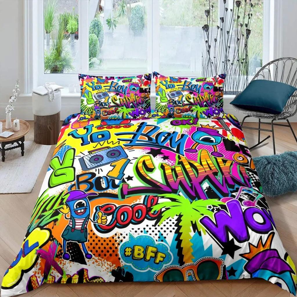 Hip Hop Bettbezug King Queen Size Farbe Street Culture Wand Graffiti Kunst Rockmusik Sport Polyester Bettwäsche Set für Kind Teenager