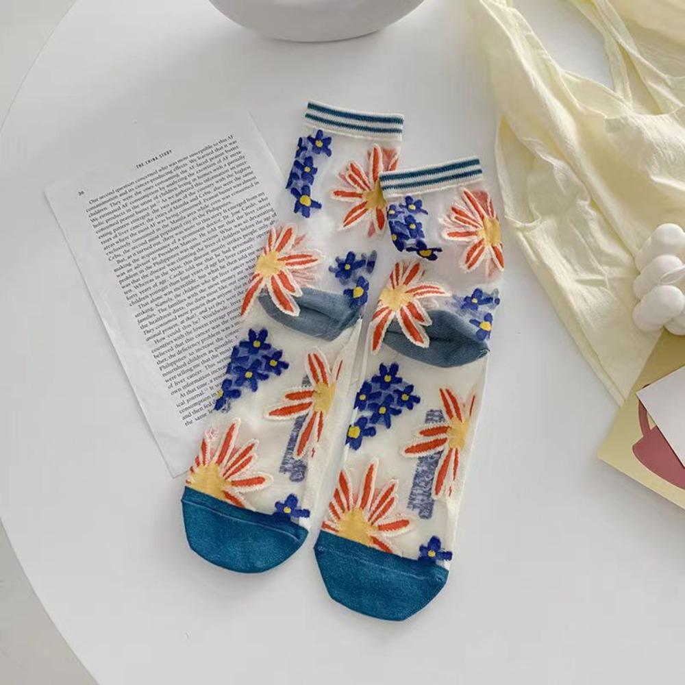 Sweet Floral Print Mid-calf Socks Ultra-Thin Crystal Silk Socks  Casual Wear