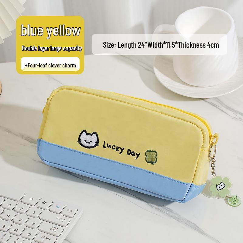 Large Capacity Color-Blocked Kitten & Clover Embroidery Pencil Case